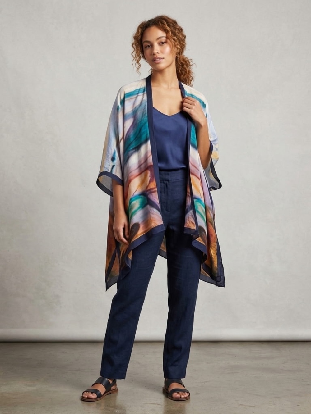 Soft Surroundings 100% Silk Multicolor Watercolor Open-Front Kimono